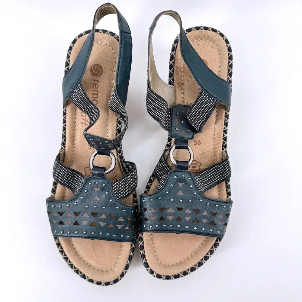 Remonte Soft Wedge Sandals Womens 38 Navy Blue Leather Laser Cut Studded Strappy